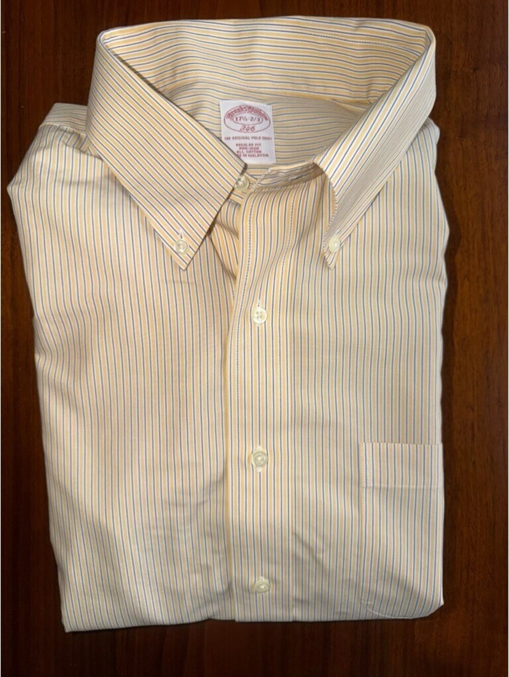 Brooks Brothers Men's Dress Shirt Yellow w/Blue Stripes - Size 17.5-32/33